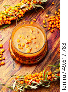 Healthy sea buckthorn jam. Homemade berry jam. Preserved berry. Homemade autumn sea buckthorn jam. Стоковое фото, агентство Ingram Publishing / Фотобанк Лори