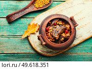 Beef roasted in autumn berries. Meat with cranberries and sea buckthorn.. Delicious fried beef with berry gravy. Стоковое фото, агентство Ingram Publishing / Фотобанк Лори