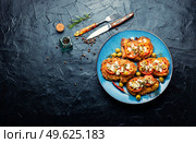 Thin layer of meat, breaded in breadcrumbs with cheese, olives and tomato. Meat dish - schnitzel. Copy space. Meat schnitzel with cheese, olives and tomato. Стоковое фото, агентство Ingram Publishing / Фотобанк Лори