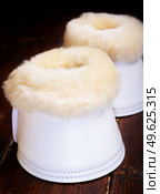 luxery hoof protectors with natural fur for sportive horses. horse stuff and care. Стоковое фото, агентство Ingram Publishing / Фотобанк Лори