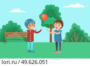 Boys play with a ball while walking on the street. Children spend time outdoors vector illustration. Guys raise their hands to throw and hit the red ball. Friends playing together in the park. Boys play with a ball while walking on the street. Children spend time outdoors vector illustration. Стоковая иллюстрация, агентство Ingram Publishing / Фотобанк Лори