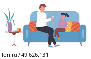 Dad treats a little child. Girl takes pills from his father. Family on the white background. Female character having a cold and sitting on the sofa. Kid is being treated for flu with special medicines. Dad treats a little child. Girl takes pills from his father. Family on the white background. Стоковая иллюстрация, агентство Ingram Publishing / Фотобанк Лори