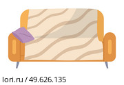 Soft couch covered with bedspread vector illustration. Striped sofa with pillows isolated on white background. Arrangement of furniture and layout of premises. The living room interior design element. Soft couch with a purple pillow vector illustration. Striped sofa isolated on white background. Стоковая иллюстрация, агентство Ingram Publishing / Фотобанк Лори