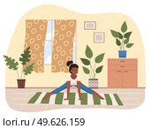 Young dark skinned girl doing stretching warm up exercise at home. Vector cartoon illustration girl doing fitness in living room, monitors her health. Development flexibility, healthy lifestyle. Young dark skinned girl doing stretching warm up exercise. Development flexibility healthy lifestyle. Стоковая иллюстрация, агентство Ingram Publishing / Фотобанк Лори