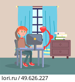 Programmer man sitting at table and using computer. Quarantine distance work. Freelance work at home. Effectively organizing home time. Home office. Young red-haired guy working online, freelancer. Young red-haired man working at computer at home near window, man playing games, studying, gesturing. Стоковая иллюстрация, агентство Ingram Publishing / Фотобанк Лори