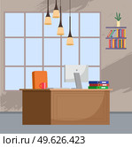 Design of directors workplace. Creative office with big window, desktop, computer and modern lamp, Design and layout of the room for boss. Planning the arrangement of furniture in the office at work. Design of directors workplace. Creative office with big window, desktop, computer and modern lamp. Стоковая иллюстрация, агентство Ingram Publishing / Фотобанк Лори