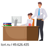 Office staff, work and communication. Head and subordinates. Various workers, managers team. Business employees on their workspace. Office workers. Co-workers. Colleagues discuss project teamwork. Office workers. Co-workers. Colleagues discuss project teamwork. Office staff work and communication. Стоковая иллюстрация, агентство Ingram Publishing / Фотобанк Лори
