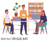 Businesspeople communicating, discuss a project. Colleagues meeting, working process. Man manager sitting at a table with laptop in office space, talking. Friendly conversation between employees. Businesspeople communicating, discuss a project. Colleagues meeting, working process in office room. Стоковая иллюстрация, агентство Ingram Publishing / Фотобанк Лори
