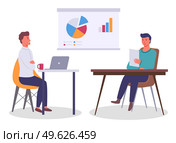 Colleagues working, teamwork process, office workers sitting at table and working at project, plan, looking at board, discussing presentation with charts, graphics, brainstorming, analysing strategy. Colleagues working, teamwork process, office workers sitting at table and working at project, plan. Стоковая иллюстрация, агентство Ingram Publishing / Фотобанк Лори