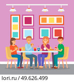 A group of friends sits in a fast food cafe and has hamburgers, hot dogs, french fries and drinks. cozy design cafe or mcdonalds. Eating out. Girl eating hot dog, guy has cheeseburger. Flat image. Friends eating in a cafe or mcdonalds. Fast food restaurant. Eating Out. Cafe interior. Flat image. Стоковая иллюстрация, агентство Ingram Publishing / Фотобанк Лори