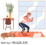 Young woman doing sport at home repeats the exercises in video lesson. Girl communicating through network on the laptop doing gymnastics. Social media network communication digital gadget addiction. Young woman doing sport at home repeats the exercises in the video lesson, healthy lifestyle. Стоковая иллюстрация, агентство Ingram Publishing / Фотобанк Лори