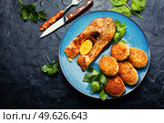 Homemade minced fish cutlets and fish steak. Copy space.. Fried silver carp and fish cutlets. Стоковое фото, агентство Ingram Publishing / Фотобанк Лори