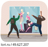 Thief are trying to break into a shop with mannequins and clothes. Men are breaking glass. Masked people armed with bricks and bats trying to rob a boutique. Burglars during a special operation. Thief are trying to break into a shop with mannequins and clothes. Men are breaking glass. Стоковая иллюстрация, агентство Ingram Publishing / Фотобанк Лори