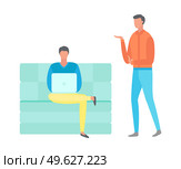 Coder sitting on sofa typing on computer vector. Distant worker using internet and wireless connection, organization of workplace flat style people. Freelancer and Person, Colleague Talking to Man. Стоковая иллюстрация, агентство Ingram Publishing / Фотобанк Лори