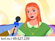 Press conference with red-haired woman. Journalist with microphone interviews a superstar girl. Young female character with gold accessories while recording. Correspondent holds special equipment. Press conference with red-haired woman. Journalist with microphone interviews a superstar girl. Стоковая иллюстрация, агентство Ingram Publishing / Фотобанк Лори