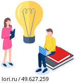 People work with technology and data. Idea symbol in form of lamp. Colleagues communicate. Man working or studying on laptop. Woman with clipboard vector illustration. Characters discuss while working. People work with technology and data. Idea symbol in form of lamp. Colleagues communicate. Стоковая иллюстрация, агентство Ingram Publishing / Фотобанк Лори