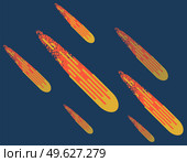 Falling meteorite on dark blue background. Flying comet in outer space, cartoon glowing cosmic object flat vector illustration. Fireball asteroid moving at high speed bright astronomic body. Falling meteorite on dark blue background. Flying comet in outer space, glowing cosmic object. Стоковая иллюстрация, агентство Ingram Publishing / Фотобанк Лори