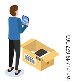 Unpacking parcel with electronic gadgets, man with opened cardbox holding digital tablet in hands standing back, checking productivity of device, guy check postal package, isometric 3d illustration. Unpacking parcel with electronic gadgets, man with opened cardbox holding digital tablet in hands. Стоковая иллюстрация, агентство Ingram Publishing / Фотобанк Лори