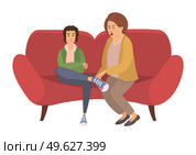 Unhappy family portrait vector character illustration. Mother and her son teenager sitting on the couch together isolated on white. The woman is nervous and yells at the boy, problems with relatives. Unhappy family portrait. The woman is nervous and yells at the boy, problems with relatives. Стоковая иллюстрация, агентство Ingram Publishing / Фотобанк Лори