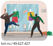 Vandals destroy the window of a clothing store. Masked and hooded bandits destroy city property. Street gangsters and vandalism concept. Cartoon flat vector illustration with man smashes showcase. Vandals destroy the window of a closed store. Masked and hooded bandits destroy city property. Стоковая иллюстрация, агентство Ingram Publishing / Фотобанк Лори