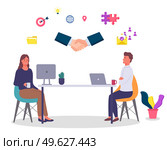 Collaboration of partners, successful deal, office workers sitting at table working with laptop and computer, partners or colleagues, businesspeople have a deal, partnership, businesswoman and guy. Collaboration of partners, successful deal, office workers sitting at table working with computers. Стоковая иллюстрация, агентство Ingram Publishing / Фотобанк Лори