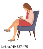 Adult woman is sitting on a chair and writing in notebook. Psychotherapist with notepad in hand writes down and asks question. Female character is sitting on a soft chair isolated on white background. Adult woman is sitting on a chair and writing in notebook. Psychotherapist with notepad. Стоковая иллюстрация, агентство Ingram Publishing / Фотобанк Лори