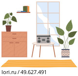 Cartoon background of living room with window, commode, record player on the coffee table with plants and flower in vase. Indoor furniture design, modern home interior elements. Contemporary furniture. Vector cartoon background of living room with window, record player on the coffee table with plants. Стоковая иллюстрация, агентство Ingram Publishing / Фотобанк Лори