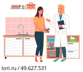 Veterinarian doctor talking with the mistress of the hamster in medical office. Woman brought cavy for treatment or inspection to a doctor. Visit to the vet clinic to check the health of the animal. Veterinarian doctor talking with mistress of the hamster in medical office. Visit to the vet clinic. Стоковая иллюстрация, агентство Ingram Publishing / Фотобанк Лори