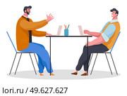 Two business men sitting at office desk talking brainstorming, meeting or interview concept flat vector illustration. Colleagues working with laptop, typing, communicating. Emotional conversation. Two business men sitting at office desk talking brainstorming, meeting or interview flat vector. Стоковая иллюстрация, агентство Ingram Publishing / Фотобанк Лори