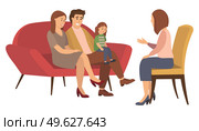 Conversation between parents, child and female psychologist or psychotherapist. Family psychotherapy, psychotherapeutic aid for children with mental problems. Flat cartoon vector illustration. Conversation between parents, child and female psychologist or psychotherapist. Family psychotherapy. Стоковая иллюстрация, агентство Ingram Publishing / Фотобанк Лори