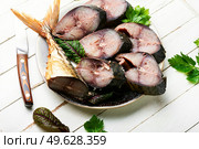 Fragrant tuna mackerel smoked in spices. Pieces of salted scomber. Pieces smoked atlantic mackerel. Стоковое фото, агентство Ingram Publishing / Фотобанк Лори