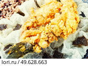 Deep fried sea bass fish with rice on rice paper. Roasted seafood. Tasty fried sea bass fish. Стоковое фото, агентство Ingram Publishing / Фотобанк Лори