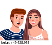 Young man and woman isolated on white. Smiling guy in a striped T-shirt standing near young joyful girl in a summer sundress. Happy boyfriend embracing girlfriend. Male and female cartoon characters. Young man and woman isolated. Smiling guy standing near young joyful girl in a summer sundress. Стоковая иллюстрация, агентство Ingram Publishing / Фотобанк Лори