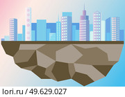 Ideal city isolated on remaining piece of land. Creating utopia during environmental problems. Skyscrapers and high-rise buildings vector illustration. Modern town landscape and architecture. Ideal city isolated on remaining piece of land. Creating utopia during environmental problems. Стоковая иллюстрация, агентство Ingram Publishing / Фотобанк Лори
