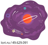 Cartoon red fantastic planet on lilac space background with flying meteorites and comets. Satellites and stars circle around planet in Solar system cartoon cosmic astronomic object in outer space. Solar system of planets, vector illustration with large and small celestial bodies flying in space. Стоковая иллюстрация, агентство Ingram Publishing / Фотобанк Лори