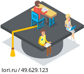 Young tiny people sitting with laptops at desk on graduation student hat, higher education online. Undergraduate knowledge. Concept of distance tutorials, studying course for university students. Young tiny people sitting with laptops at desk on graduation student hat, higher education online. Стоковая иллюстрация, агентство Ingram Publishing / Фотобанк Лори