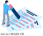 Offline exam vector illustration. Student fills out questionnaire. Guy with pencil writes test. Man standing near big checklist. Male character passing exam. Man with glasses writes on paper. Offline exam vector illustration. Student fills out questionnaire. Guy with pencil writes test. Стоковая иллюстрация, агентство Ingram Publishing / Фотобанк Лори