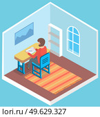 Man office worker sitting at desk in room. Classroom student sitting at table and writing in notebook. Young people preparing for exams at University or school. Person studies gets an education. Man student sitting at desk in room. Classroom student sitting at table and writing in notebook. Стоковая иллюстрация, агентство Ingram Publishing / Фотобанк Лори