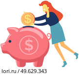 Saving money. Woman puts golden dollar coins in large piggy bank in form of piglet on white background. Business finance and investment concept. Accumulating money deposit storage cash safety safebox. Saving money. Woman puts golden dollar coins in piggy bank. Business finance and investment concept. Стоковая иллюстрация, агентство Ingram Publishing / Фотобанк Лори
