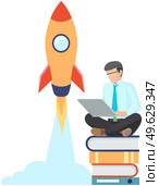 Man presents new project with laptop, start up concept. The rocket takes off into sky. Businessman sitting on pile of books develops new business idea. Innovative successful way in entrepreneurship. Man presents new project sitting with laptop, start up concept. The rocket takes off into sky. Стоковая иллюстрация, агентство Ingram Publishing / Фотобанк Лори