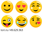 Yellow emoji set isolated on white. Emoticons or emotional icons. Cute smiling, happy and crying, kissing and laughing. Heart eyes, showing tongue round face expression flat design vector illustration. Yellow Emoji Faces Set Isolated on White Vector. Стоковая иллюстрация, агентство Ingram Publishing / Фотобанк Лори