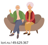 Elderly couple sitting on the sofa at home isolated on white background. Retired elderly couple. Grandparents family, grandmother and grandfather happy friends sitting on the couch communicating. Elderly couple sitting on the sofa at home isolated on white background. Retired elderly couple. Стоковая иллюстрация, агентство Ingram Publishing / Фотобанк Лори
