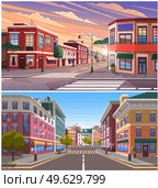 Street of town day and evening time lighting, historic urban area with trees and streetlights. Cityscape with vintage brick buildings, road with crosswalk and pedestrian walkway cartoon illustration. Street of town day and evening time lighting, the historic urban area with trees and streetlights. Стоковая иллюстрация, агентство Ingram Publishing / Фотобанк Лори