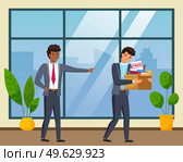 Layoff concept. Angry boss dismissed employee. Unhappy fired man leaves the office with things in a box. Unemployment dismissal of fellow workers. Jobless and employee job reduction concept. Layoff concept. Boss dismissed employee. Unhappy fired man leaves the office with things in box. Стоковая иллюстрация, агентство Ingram Publishing / Фотобанк Лори