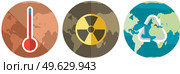 Three planets with pollution and environmental problems vector illustration. Radiation contaminated world, global warming concept. Earth with recycling symbol. Planet is victim of human activity. Three planets with different types of pollutions and environmental problems vector illustration. Стоковая иллюстрация, агентство Ingram Publishing / Фотобанк Лори