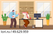 Boss screams on employee sitting at a table and talking on phone. Hard work nervous day. Angry boss shouting to manager. Conflict in office between chief and worker. Business vector illustration. Boss screams on worker employee sitting at a table and talking on phone. Hard work nervous day. Стоковая иллюстрация, агентство Ingram Publishing / Фотобанк Лори