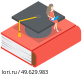 Young girl sitting with laptop on graduation student hat on big red book, higher education online. Undergraduate knowledge. Concept of distance tutorials, studying course for university students. Young girl sitting with laptop on graduation student hat on big red book, higher education online. Стоковая иллюстрация, агентство Ingram Publishing / Фотобанк Лори