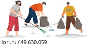 Volunteer people are cleaning territory. People volunteering collect garbage and waste on contaminated areas. Characters throwing trash. Men and woman remove plastic and paper vector illustration. Cartoon characters remove plastic and paper. Volunteer people are cleaning polluted territory. Стоковая иллюстрация, агентство Ingram Publishing / Фотобанк Лори