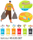 Volunteer man is cleaning territory. Guy collects rubbish on contaminated areas. Male character transfering garbage bags. Cartoon character removing trash. Sorting garbage and unrefined waste concept. Sorting garbage and unrefined waste concept. Male character is transfering bags with garbage. Стоковая иллюстрация, агентство Ingram Publishing / Фотобанк Лори