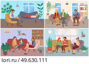 A set of scenes about psychotherapy sessions with family and psychotherapist. People sit at the reception of a specialist. Different psychologists write down their patients problems on paper. A set of scenes about psychotherapy sessions, family with child, elderly people and psychotherapist. Стоковая иллюстрация, агентство Ingram Publishing / Фотобанк Лори